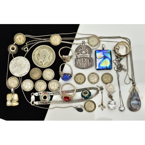 64 - AN ASSORTED SELECTION OF JEWELLERY AND ITEMS, to include a silver A.R.P. Button medal, hallmarked Lo... 