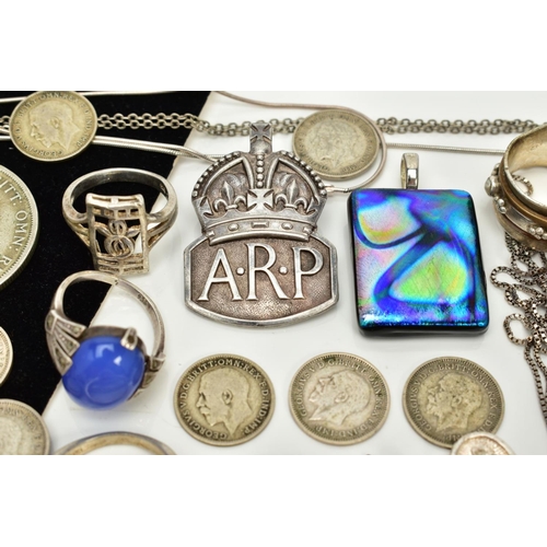 64 - AN ASSORTED SELECTION OF JEWELLERY AND ITEMS, to include a silver A.R.P. Button medal, hallmarked Lo... 