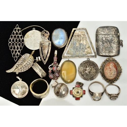 65 - A SELECTION OF ITEMS, to include a silver vesta, of an engraved foliate design and vacant cartouche,... 