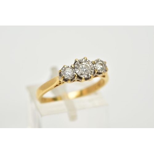 69 - AN 18CT GOLD THREE STONE DIAMOND RING, designed with three star set, graduated round brilliant cut d... 