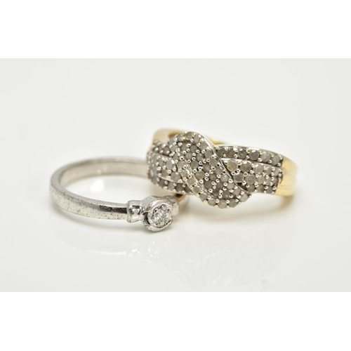 75 - TWO DIAMOND RINGS, the first a 9ct gold, single cut diamond detailed crossover clusters, hallmarked ... 