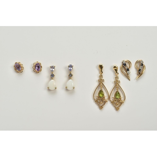 78 - FOUR PAIRS OF YELLOW METAL EARRINGS AND A PENDANT, to include a pair of openwork scroll detailed scr... 