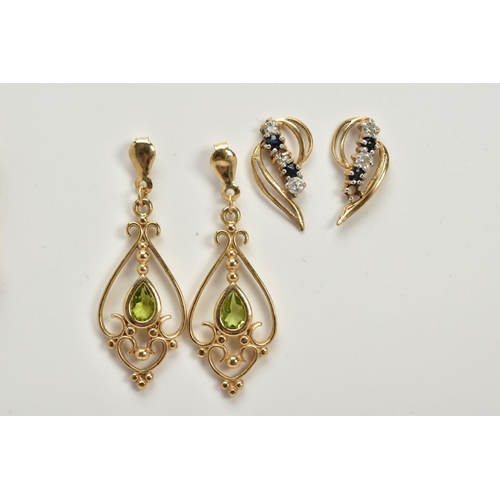 78 - FOUR PAIRS OF YELLOW METAL EARRINGS AND A PENDANT, to include a pair of openwork scroll detailed scr... 