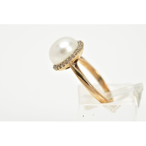 84 - A YELLOW METAL PEARL AND DIAMOND RING, designed with a central cultured pearl, within a single cut d... 