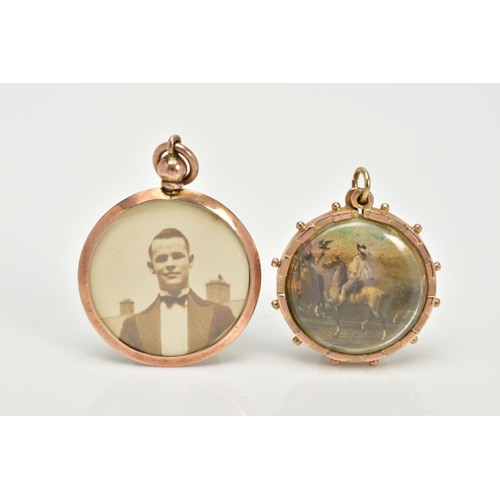 9 - TWO DOUBLE SIDED PENDANTS, the first of a rose gold circular design, two photos within a plain polis... 