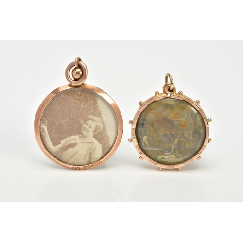 9 - TWO DOUBLE SIDED PENDANTS, the first of a rose gold circular design, two photos within a plain polis... 