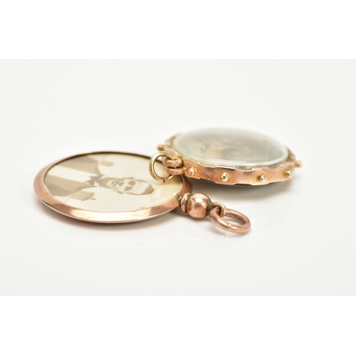 9 - TWO DOUBLE SIDED PENDANTS, the first of a rose gold circular design, two photos within a plain polis... 