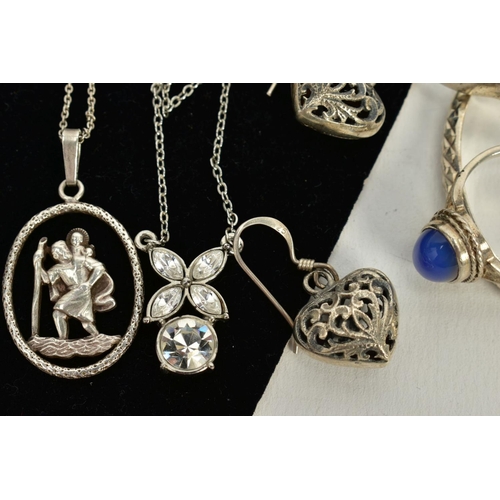 97 - A SMALL QUANTITY OF WHITE METAL JEWELLERY, to include a white metal St. Christopher pendant, tamped ... 