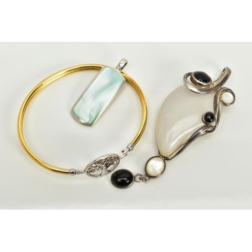 98 - A BANGLE AND TWO PENDANTS, the yellow bangle, designed with an openwork tree clasp, set with cubic z... 