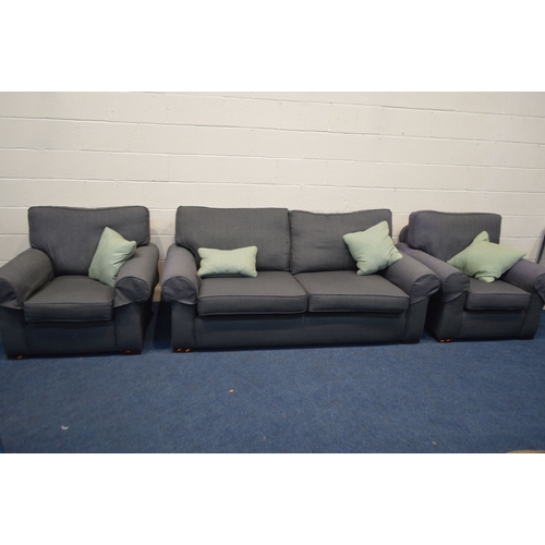 1289 - A MULTIYORK CHARCOAL UPHOLSTERED THREE PIECE LOUNGE SUITE, comprising two seater settee, width 203cm... 