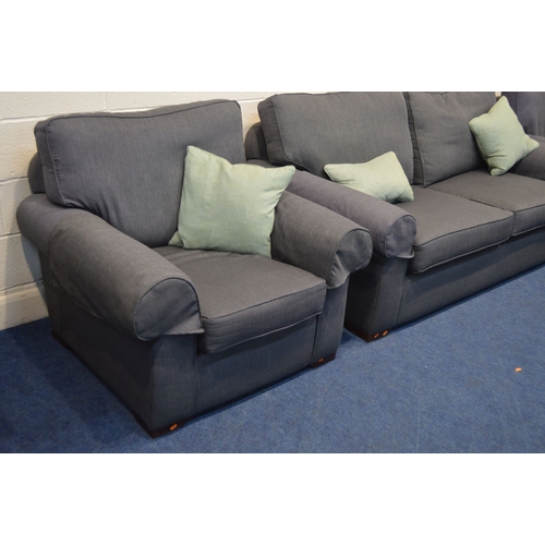 1289 - A MULTIYORK CHARCOAL UPHOLSTERED THREE PIECE LOUNGE SUITE, comprising two seater settee, width 203cm... 