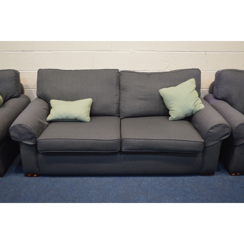 1289 - A MULTIYORK CHARCOAL UPHOLSTERED THREE PIECE LOUNGE SUITE, comprising two seater settee, width 203cm... 