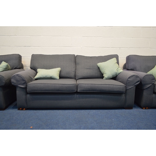 1289 - A MULTIYORK CHARCOAL UPHOLSTERED THREE PIECE LOUNGE SUITE, comprising two seater settee, width 203cm... 