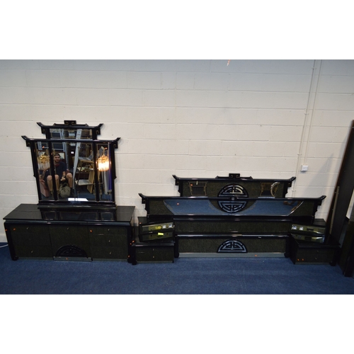 1341 - A VERSACE STYLE TWO PIECE BEDROOM SUITE, with an ebonised and marble effect finish, comprising a dre... 