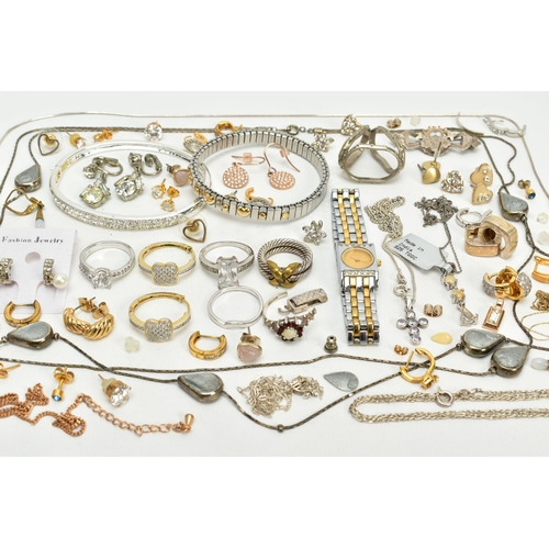 106 - A SELECTION OF JEWELLERY, to include two white metal bangles, a white metal cross pendant set with s... 