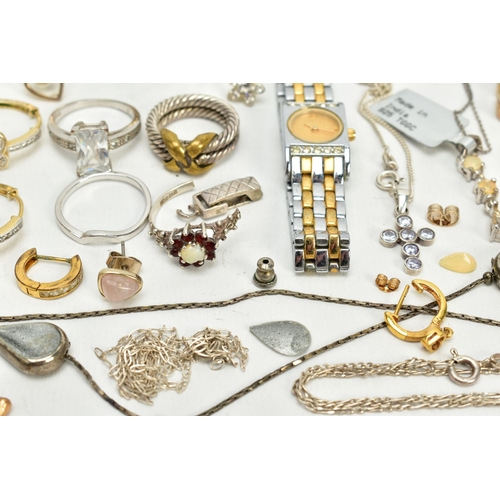 106 - A SELECTION OF JEWELLERY, to include two white metal bangles, a white metal cross pendant set with s... 