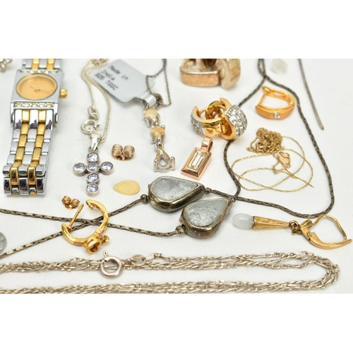 106 - A SELECTION OF JEWELLERY, to include two white metal bangles, a white metal cross pendant set with s... 