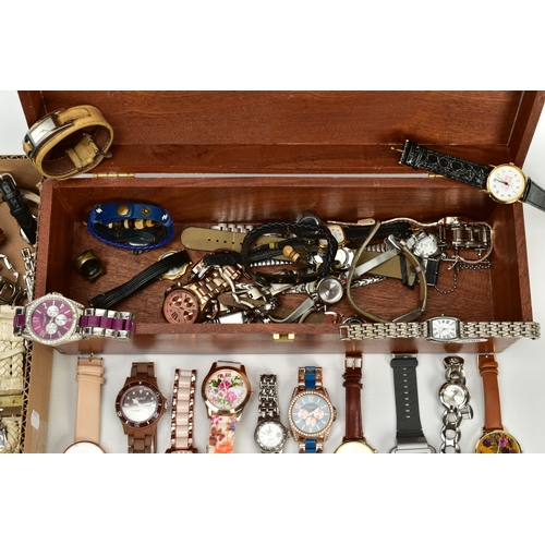 134 - TWO BOXES OF LADIES AND GENTS WRISTWATCHES AND ITEMS, to include a wooden box containing mostly quar... 