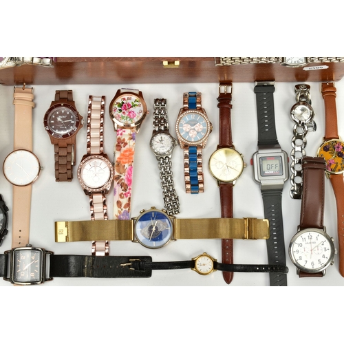 134 - TWO BOXES OF LADIES AND GENTS WRISTWATCHES AND ITEMS, to include a wooden box containing mostly quar... 