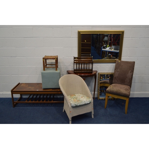 1288 - A G PLAN TEAK TILE TOP COFFEE TABLE, together with a painted Lloyd loom basket chair, gilt framed be... 