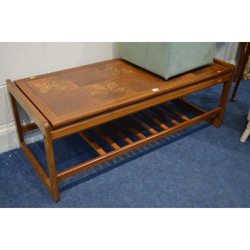 1288 - A G PLAN TEAK TILE TOP COFFEE TABLE, together with a painted Lloyd loom basket chair, gilt framed be... 