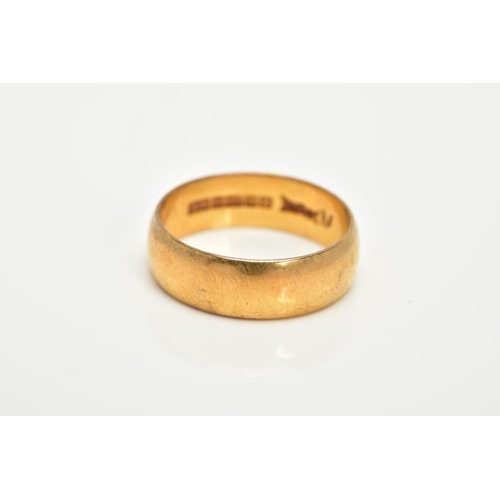 10 - A 22CT GOLD WIDE WEDDING BAND, plain polished design, hallmarked 22ct gold Birmingham, ring size L, ... 