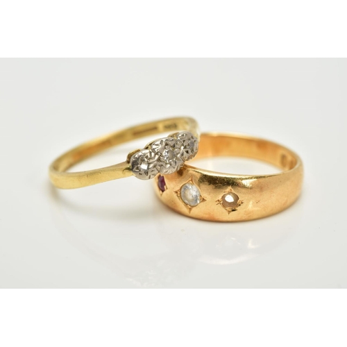 12 - TWO 18CT GOLD GEM SET RINGS, to include a three stone single cut diamond ring, tapered shoulders, ha... 