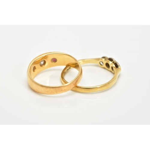 12 - TWO 18CT GOLD GEM SET RINGS, to include a three stone single cut diamond ring, tapered shoulders, ha... 