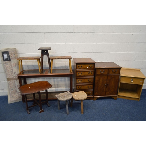 1336 - A QUANTITY OF OCCASIONAL FURNITURE, to include two yewwood hi fi cabinets, mahogany and glass hall t... 