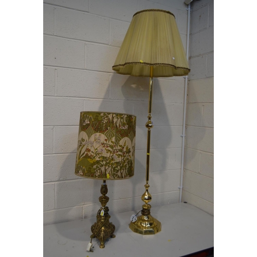 1337 - AN ELABORATE BRASS TABLE LAMP with a cylindrical Morris & Co style shade together with a brass stand... 