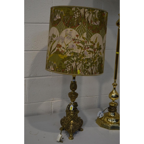 1337 - AN ELABORATE BRASS TABLE LAMP with a cylindrical Morris & Co style shade together with a brass stand... 