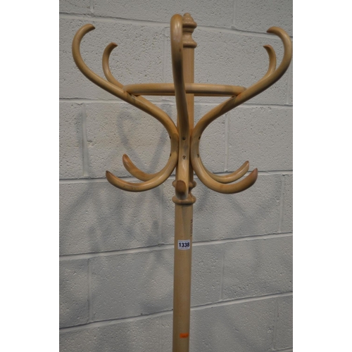 1338 - A MODERN BEECH BENTWOOD STYLE HAT/COAT STAND, with label reading TON, Chech Republic, height 193cm