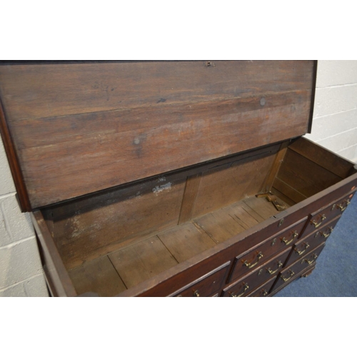 1343 - A GEORGE III OAK AND MAHOGANY CROSSBANDED MULE CHEST, with six dummy drawers above three drawers, br... 