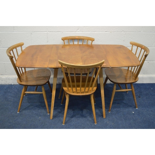 1346 - A BLONDE ERCOL MODEL 383 ELM AND BEECH DROP LEAF DINING TABLE, open length 138cm x closed length 66c... 