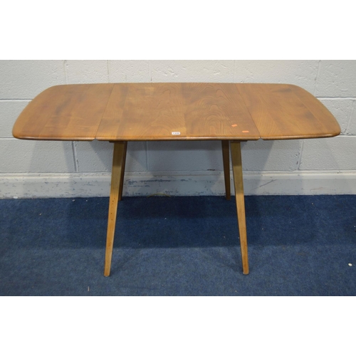 1346 - A BLONDE ERCOL MODEL 383 ELM AND BEECH DROP LEAF DINING TABLE, open length 138cm x closed length 66c... 