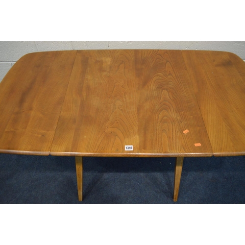 1346 - A BLONDE ERCOL MODEL 383 ELM AND BEECH DROP LEAF DINING TABLE, open length 138cm x closed length 66c... 