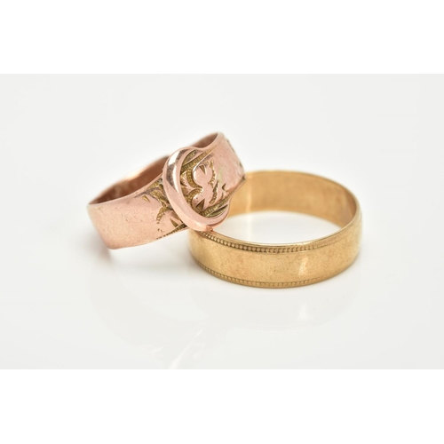 14 - TWO 9CT GOLD RINGS, the first a rose gold belt buckle design with a rubbed foliate decoration, hallm... 