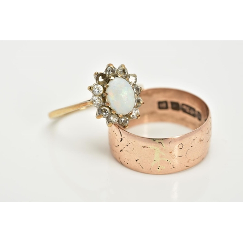 15 - A 9CT GOLD OPAL CLUSTER RING AND A WIDE BAND, the cluster designed with a central oval cabochon opal... 