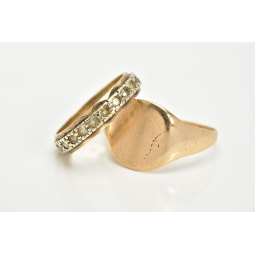 17 - A GENTS SIGNET RING AND A FULL ETERNITY RING, the yellow metal gents signet ring, with a rubbed desi... 