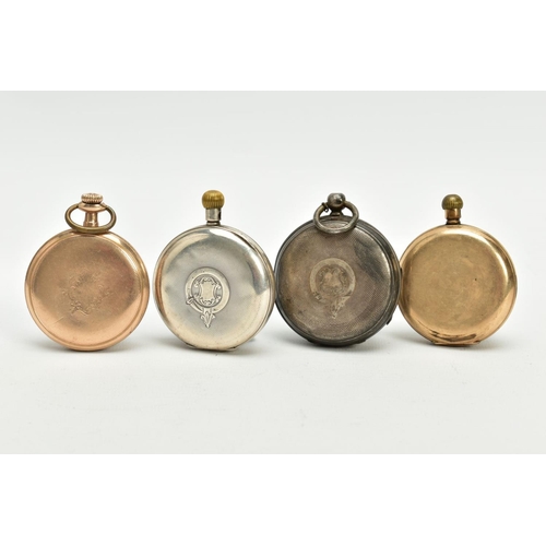 2 - FOUR OPEN FACED POCKET WATCHES, to include a gold plated 'Waltham' with a white dial signed 'Waltham... 