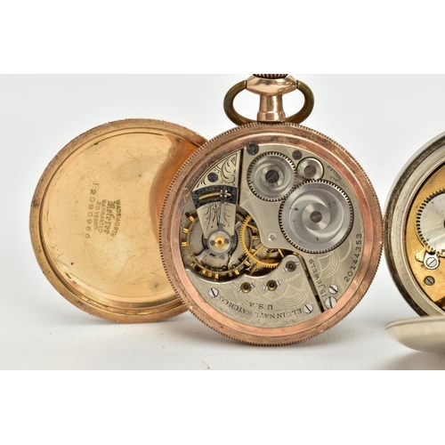 2 - FOUR OPEN FACED POCKET WATCHES, to include a gold plated 'Waltham' with a white dial signed 'Waltham... 