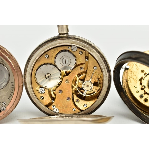 2 - FOUR OPEN FACED POCKET WATCHES, to include a gold plated 'Waltham' with a white dial signed 'Waltham... 