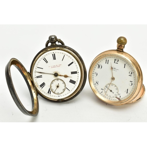 2 - FOUR OPEN FACED POCKET WATCHES, to include a gold plated 'Waltham' with a white dial signed 'Waltham... 