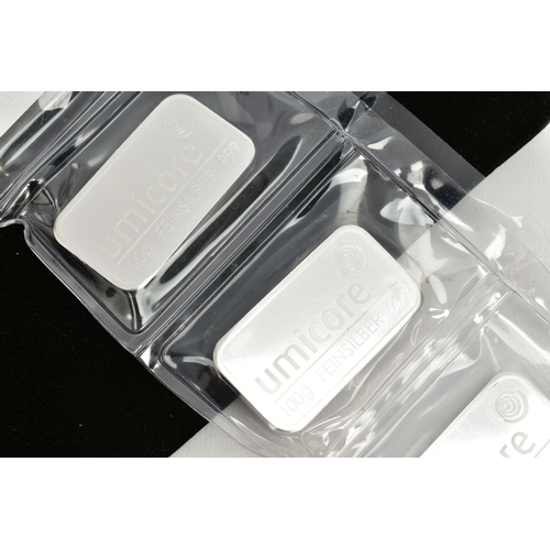 21 - FIVE 100G SILVER BARS, each signed 'Umicore 100g Feinsilber 999' individually wrapped within a seper... 