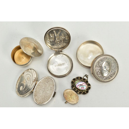 22 - THREE SILVER PILL BOXES AND TWO OTHERS, to include a circular pill box with a golfing scene to the l... 