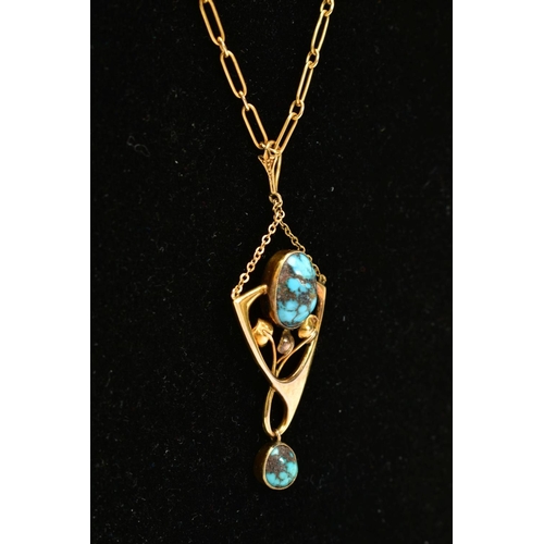 23 - A YELLOW METAL TURQUOISE PENDANT NECKLACE, the pendant of an openwork floral drop design, set with a... 