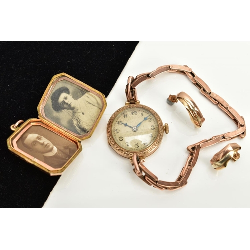 27 - A SMALL QUANTITY OF ITEMS, to include a ladies 9ct gold wristwatch, silver dial, Arabic numerals, bl... 