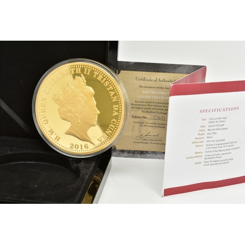 29 - A CASED 'LEST WE FORGET' GOLDEN TEN CROWNS COMMEMORATIVE COIN, edition 060 of 499, dated 2016, withi... 