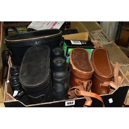 492 - BINOCULARS COMPRISING WRAY MAGNIVU 8 x 30, MARK SCHEFFEL 20 x 50, unbranded 10 x 50, Sears 7 x 35, M... 