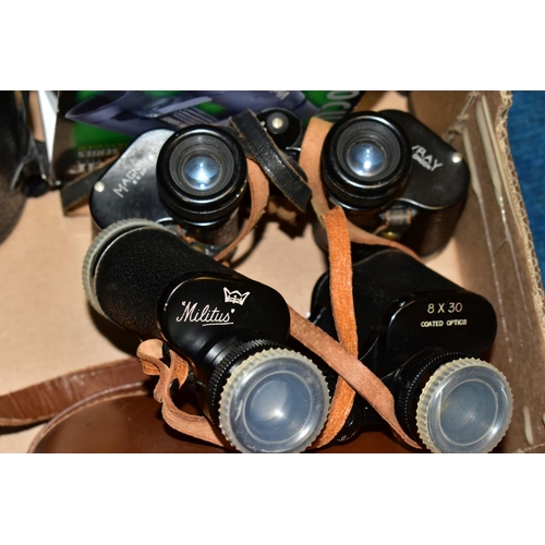 492 - BINOCULARS COMPRISING WRAY MAGNIVU 8 x 30, MARK SCHEFFEL 20 x 50, unbranded 10 x 50, Sears 7 x 35, M... 